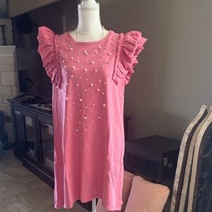 NWT Umgee Pink Ruffled Dress w/Pearl Accents pit2pit 20” length 35”
